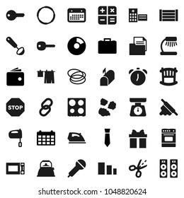 Flat vector icon set - iron vector, drying clothes, garbage pile, kettle, scales, ladle, rolling pin, mixer, microwave oven, table lamp, alarm clock, pie graph, wallet, case, tie, calendar, hoop