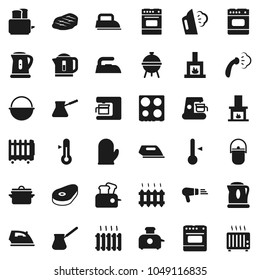 Flat vector icon set - iron vector, steaming, pan, camping cauldron, kettle, cook glove, turk coffee, toaster, oven, thermometer, bbq, steak, fireplace, heating, maker, hair dryer, heater