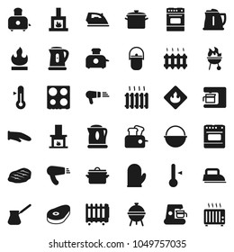 Flat vector icon set - iron vector, pan, camping cauldron, kettle, cook glove, turk coffee, toaster, oven, thermometer, bbq, steak, flammable, fireplace, heating, maker, hair dryer, heater