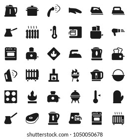 Flat vector icon set - iron vector, steaming, pan, camping cauldron, kettle, cook glove, turk coffee, toaster, oven, thermometer, bbq, steak, flammable, fireplace, heating, maker, hair dryer, heater