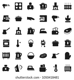 Flat vector icon set - iron vector, steaming, pan, camping cauldron, kettle, cook glove, turk coffee, toaster, oven, thermometer, bbq, steak, flammable, fireplace, heating, maker, hair dryer, heater