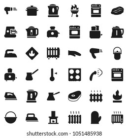 Flat vector icon set - iron vector, steaming, pan, camping cauldron, kettle, cook glove, turk coffee, toaster, oven, thermometer, bbq, steak, flammable, fireplace, heating, maker, hair dryer, heater