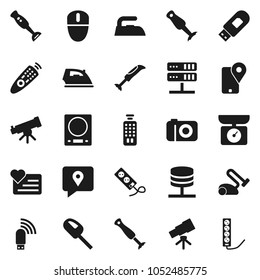 Flat vector icon set - iron vector, blender, telescope, heart monitor, traking, remote control, network server, usb modem, kitchen scales, vacuum cleaner, camera, mouse, multi socket