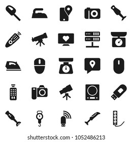 Flat vector icon set - iron vector, scales, blender, telescope, heart monitor, traking, remote control, network server, usb modem, kitchen, vacuum cleaner, camera, mouse, multi socket