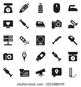 Flat vector icon set - iron vector, scales, blender, telescope, heart monitor, traking, remote control, network server, usb modem, kitchen, vacuum cleaner, camera, mouse, multi socket