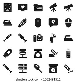 Flat vector icon set - iron vector, scales, blender, telescope, heart monitor, traking, remote control, network server, usb modem, kitchen, vacuum cleaner, camera, mouse, multi socket