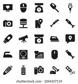 Flat vector icon set - iron vector, scales, blender, telescope, heart monitor, traking, remote control, network server, usb modem, kitchen, vacuum cleaner, camera, mouse, multi socket