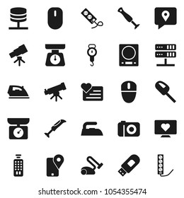 Flat vector icon set - iron vector, scales, telescope, heart monitor, traking, remote control, network server, usb modem, kitchen, blender, vacuum cleaner, camera, mouse, multi socket