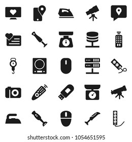 Flat vector icon set - iron vector, scales, blender, telescope, heart monitor, traking, remote control, network server, usb modem, kitchen, camera, mouse, multi socket