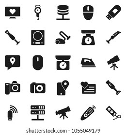 Flat vector icon set - iron vector, scales, blender, telescope, heart monitor, traking, remote control, network server, usb modem, kitchen, vacuum cleaner, camera, mouse, multi socket