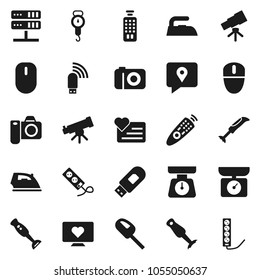 Flat vector icon set - iron vector, scales, blender, telescope, heart monitor, traking, remote control, network server, usb modem, kitchen, vacuum cleaner, camera, mouse, multi socket