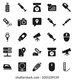 Flat vector icon set - iron vector, scales, blender, telescope, heart monitor, traking, remote control, network server, usb modem, kitchen, vacuum cleaner, camera, mouse, multi socket
