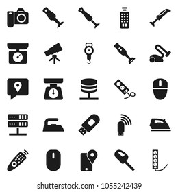 Flat vector icon set - iron vector, scales, blender, telescope, traking, remote control, network server, usb modem, kitchen, vacuum cleaner, camera, mouse, multi socket