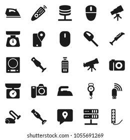 Flat vector icon set - iron vector, scales, blender, telescope, traking, remote control, network server, usb modem, kitchen, vacuum cleaner, camera, mouse, multi socket