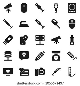 Flat vector icon set - iron vector, scales, blender, telescope, heart monitor, traking, remote control, network server, usb modem, kitchen, vacuum cleaner, camera, mouse, multi socket