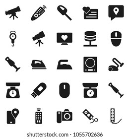 Flat vector icon set - iron vector, scales, blender, telescope, heart monitor, traking, remote control, network server, usb modem, kitchen, vacuum cleaner, camera, mouse, multi socket