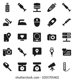 Flat vector icon set - iron vector, scales, blender, telescope, heart monitor, traking, remote control, network server, usb modem, kitchen, vacuum cleaner, camera, mouse, multi socket