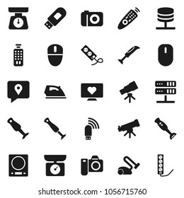 Flat vector icon set - iron vector, scales, blender, telescope, heart monitor, traking, remote control, network server, usb modem, kitchen, vacuum cleaner, camera, mouse, multi socket