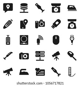 Flat vector icon set - iron vector, scales, blender, telescope, heart monitor, traking, remote control, network server, usb modem, kitchen, vacuum cleaner, camera, mouse, multi socket