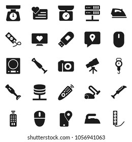 Flat vector icon set - iron vector, scales, blender, telescope, heart monitor, traking, remote control, network server, usb modem, kitchen, vacuum cleaner, camera, mouse, multi socket