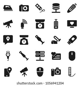 Flat vector icon set - iron vector, scales, blender, telescope, heart monitor, traking, remote control, network server, usb modem, kitchen, vacuum cleaner, camera, mouse, multi socket