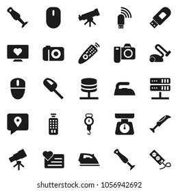 Flat vector icon set - iron vector, scales, blender, telescope, heart monitor, traking, remote control, network server, usb modem, vacuum cleaner, camera, mouse, multi socket