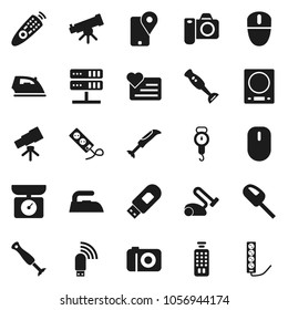 Flat vector icon set - iron vector, scales, blender, telescope, heart monitor, traking, remote control, network server, usb modem, kitchen, vacuum cleaner, camera, mouse, multi socket