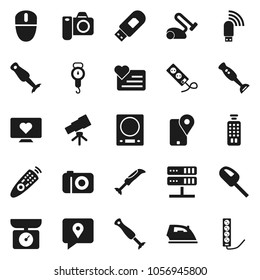 Flat vector icon set - iron vector, scales, blender, telescope, heart monitor, traking, remote control, network server, usb modem, kitchen, vacuum cleaner, camera, mouse, multi socket