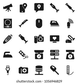 Flat vector icon set - iron vector, scales, blender, telescope, heart monitor, traking, remote control, network server, usb modem, kitchen, vacuum cleaner, camera, mouse, multi socket