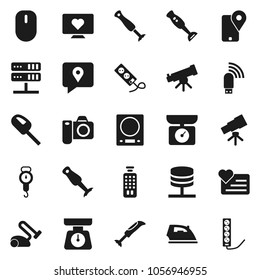 Flat vector icon set - iron vector, scales, blender, telescope, heart monitor, traking, remote control, network server, usb modem, kitchen, vacuum cleaner, camera, mouse, multi socket
