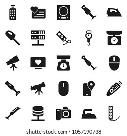 Flat vector icon set - iron vector, scales, blender, telescope, heart monitor, traking, remote control, network server, kitchen, vacuum cleaner, camera, mouse, multi socket
