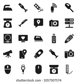 Flat vector icon set - iron vector, scales, blender, telescope, heart monitor, traking, remote control, network server, usb modem, kitchen, vacuum cleaner, camera, mouse, multi socket
