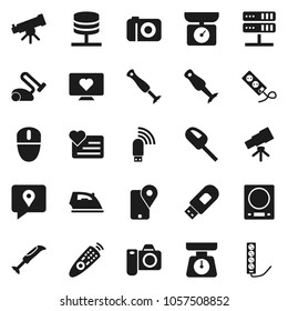 Flat vector icon set - iron vector, scales, blender, telescope, heart monitor, traking, remote control, network server, usb modem, kitchen, vacuum cleaner, camera, mouse, multi socket