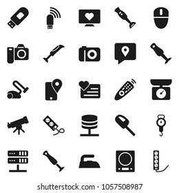 Flat vector icon set - iron vector, scales, blender, telescope, heart monitor, traking, remote control, network server, usb modem, kitchen, vacuum cleaner, camera, mouse, multi socket