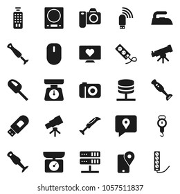 Flat vector icon set - iron vector, scales, blender, telescope, heart monitor, traking, remote control, network server, usb modem, kitchen, vacuum cleaner, camera, mouse, multi socket