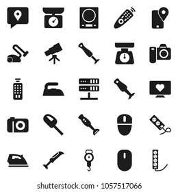 Flat vector icon set - iron vector, scales, blender, telescope, heart monitor, traking, remote control, network server, kitchen, vacuum cleaner, camera, mouse, multi socket