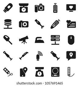 Flat vector icon set - iron vector, scales, blender, telescope, heart monitor, traking, remote control, network server, usb modem, kitchen, vacuum cleaner, camera, mouse, multi socket