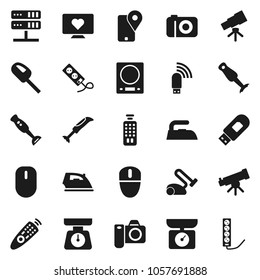 Flat vector icon set - iron vector, scales, blender, telescope, heart monitor, traking, remote control, network server, usb modem, kitchen, vacuum cleaner, camera, mouse, multi socket
