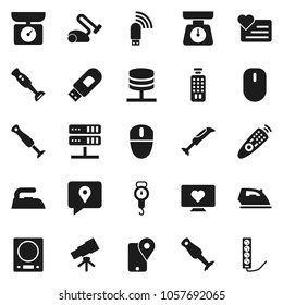 Flat vector icon set - iron vector, scales, blender, telescope, heart monitor, traking, remote control, network server, usb modem, kitchen, vacuum cleaner, mouse, multi socket