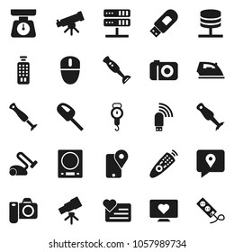 Flat vector icon set - iron vector, scales, blender, telescope, heart monitor, traking, remote control, network server, usb modem, kitchen, vacuum cleaner, camera, mouse, multi socket