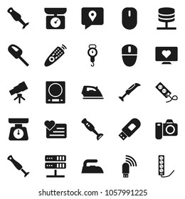 Flat vector icon set - iron vector, scales, blender, telescope, heart monitor, traking, remote control, network server, usb modem, kitchen, vacuum cleaner, camera, mouse, multi socket