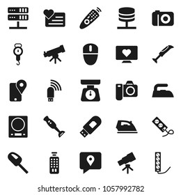 Flat vector icon set - iron vector, scales, blender, telescope, heart monitor, traking, remote control, network server, usb modem, kitchen, vacuum cleaner, camera, mouse, multi socket