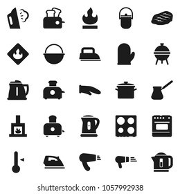 Flat vector icon set - iron vector, steaming, pan, camping cauldron, kettle, cook glove, turk coffee, toaster, oven, thermometer, bbq, steak, flammable, fireplace, hair dryer