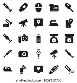 Flat vector icon set - iron vector, scales, blender, telescope, heart monitor, traking, remote control, usb modem, kitchen, vacuum cleaner, camera, mouse, multi socket