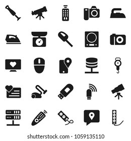 Flat vector icon set - iron vector, scales, telescope, heart monitor, traking, remote control, network server, usb modem, kitchen, blender, vacuum cleaner, camera, mouse, multi socket