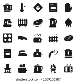 Flat vector icon set - iron vector, steaming, kettle, cook glove, toaster, oven, thermometer, bbq, steak, flammable, fireplace, heating, coffee maker, heater