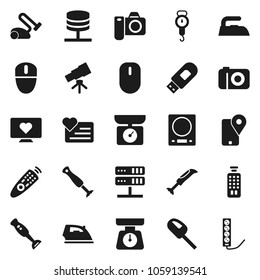 Flat vector icon set - iron vector, scales, blender, telescope, heart monitor, traking, remote control, network server, usb modem, kitchen, vacuum cleaner, camera, mouse, multi socket