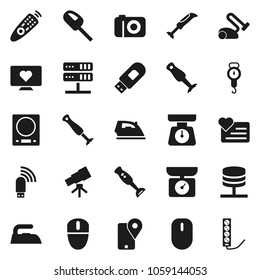 Flat vector icon set - iron vector, scales, blender, telescope, heart monitor, traking, remote control, network server, usb modem, kitchen, vacuum cleaner, camera, mouse, multi socket