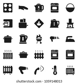 Flat vector icon set - iron vector, steaming, pan, camping cauldron, kettle, cook glove, toaster, oven, thermometer, bbq, flammable, fireplace, heating, coffee maker, hair dryer, heater