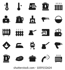 Flat vector icon set - iron vector, steaming, pan, camping cauldron, kettle, turk coffee, toaster, thermometer, bbq, steak, flammable, fireplace, heating, maker, hair dryer, heater